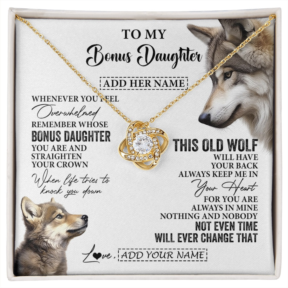 Love Knot Necklace 18K Yellow Gold Finish | 1 | Personalized To My Bonus Daughter Gifts Necklace From Stepmom Whenever Wolf Unique Birthday For Stepdaughter Graduation Christmas Custom Gift Box Message Card | https://siriusteestore.