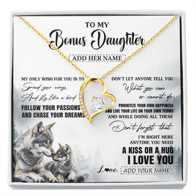 Forever Love Necklace 18K Yellow Gold Finish | 1 | Personalized To My Bonus Daughter Gifts Necklace From Stepmom Wolf My Only Wish For You Stepdaughter Birthday Gifts Graduation Christmas Gift Box Message Card | https://siriusteestore.
