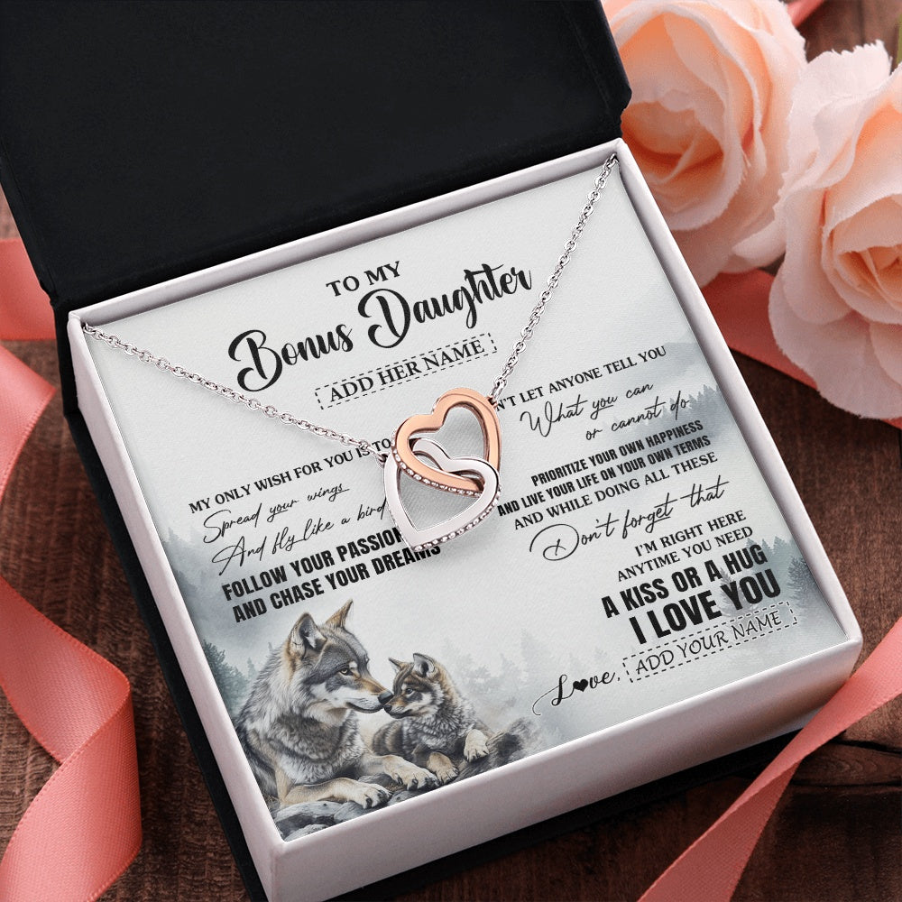 Interlocking Hearts Necklace Stainless Steel & Rose Gold Finish | 2 | Personalized To My Bonus Daughter Gifts Necklace From Stepmom Wolf My Only Wish For You Stepdaughter Birthday Gifts Graduation Christmas Gift Box Message Card | https://siriusteestore.