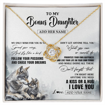 Love Knot Necklace 18K Yellow Gold Finish | 1 | Personalized To My Bonus Daughter Gifts Necklace From Stepmom Wolf My Only Wish For You Stepdaughter Birthday Gifts Graduation Christmas Gift Box Message Card | https://siriusteestore.