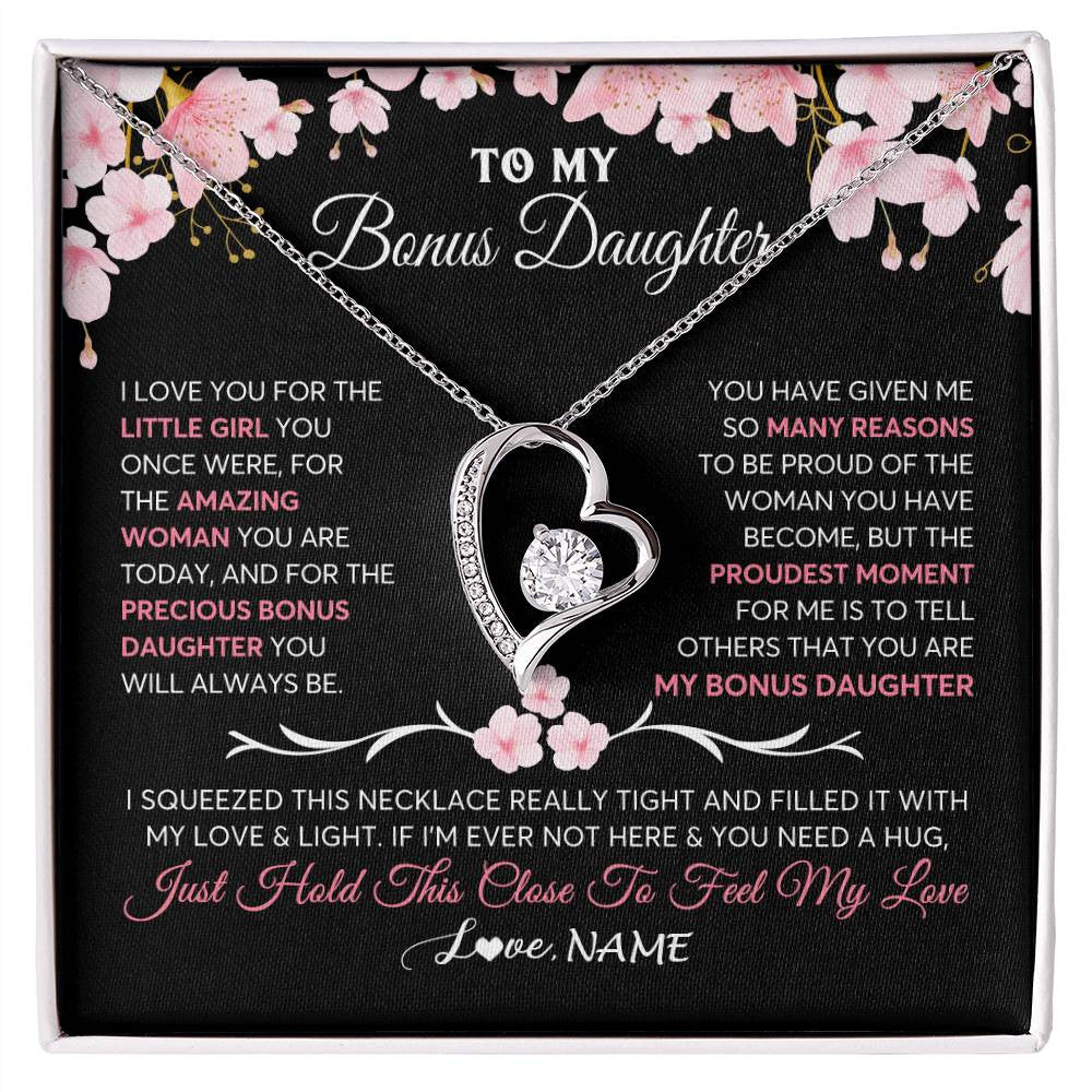 Forever Love Necklace 14K White Gold Finish | 1 | Personalized To My Bonus Daughter Gifts Necklace From Stepmother Love Precious Bonus Daughter Birthday Graduation Christmas Customized Gift Box Message Card | siriusteestore