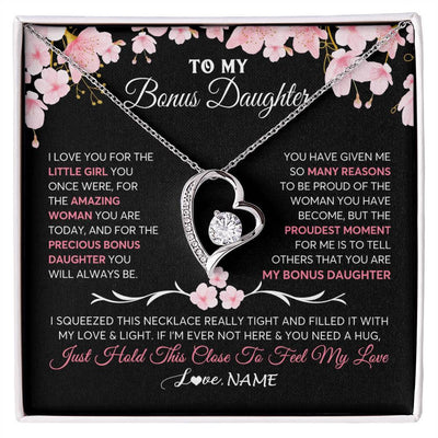 Forever Love Necklace 14K White Gold Finish | 1 | Personalized To My Bonus Daughter Gifts Necklace From Stepmother Love Precious Bonus Daughter Birthday Graduation Christmas Customized Gift Box Message Card | siriusteestore