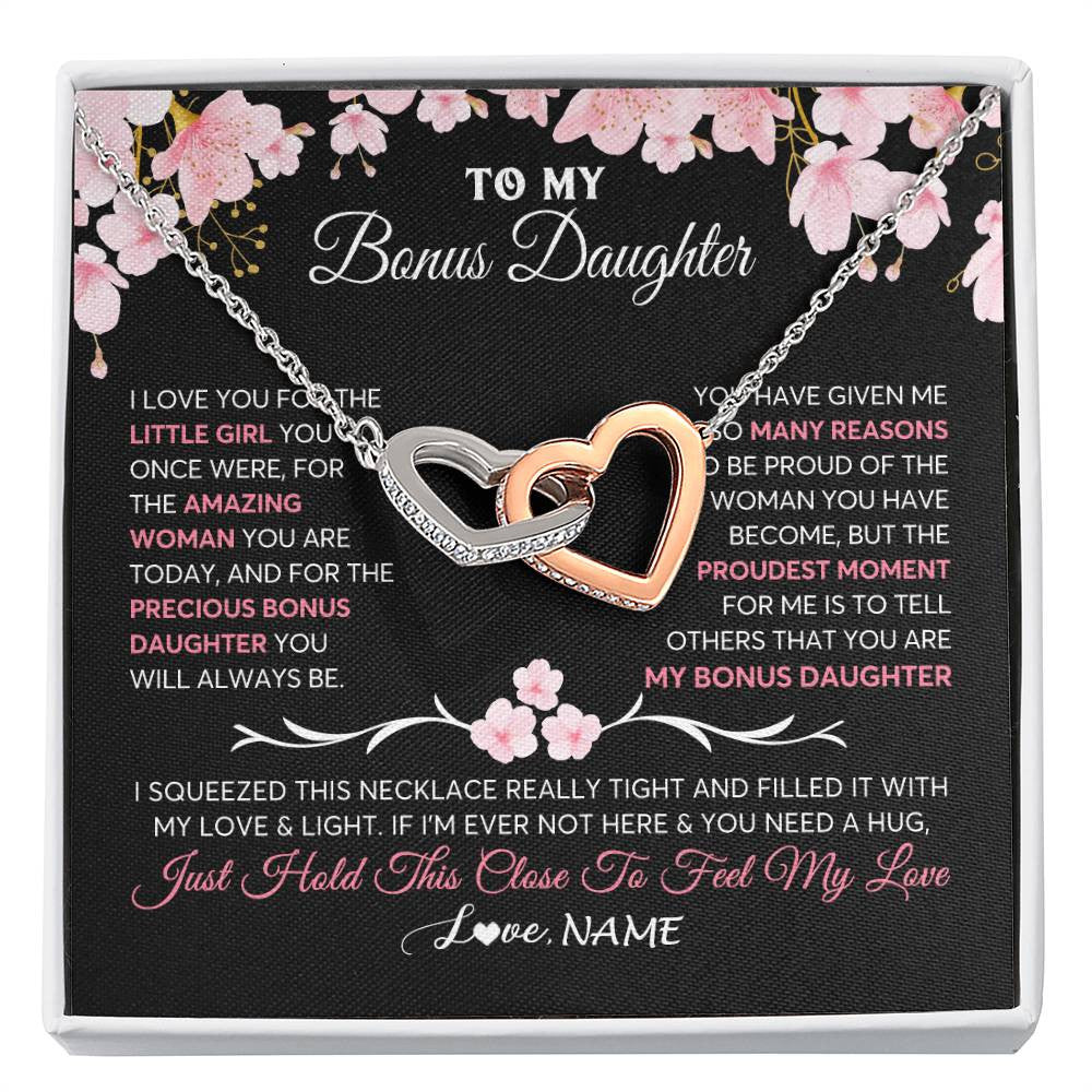 Interlocking Hearts Necklace Stainless Steel & Rose Gold Finish | 1 | Personalized To My Bonus Daughter Gifts Necklace From Stepmother Love Precious Bonus Daughter Birthday Graduation Christmas Customized Gift Box Message Card | siriusteestore