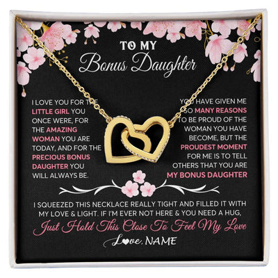 Interlocking Hearts Necklace 18K Yellow Gold Finish | 1 | Personalized To My Bonus Daughter Gifts Necklace From Stepmother Love Precious Bonus Daughter Birthday Graduation Christmas Customized Gift Box Message Card | siriusteestore