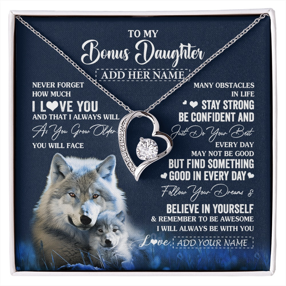 Forever Love Necklace 14K White Gold Finish | 1 | Personalized To My Bonus Daughter I Love You Forever Necklace From Step Mom Dad Wolf Stepdaughter Birthday Gifts Graduation Christmas Gift Box Message Card | siriusteestore.myshopify