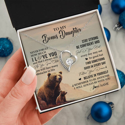Forever Love Necklace 14K White Gold Finish | 2 | Personalized To My Bonus Daughter I Love You Forever Necklace From Stepdad Mom Bear Stepddaughter Birthday Jewelry Christmas Customized Gift Box Message Card | siriusteestore