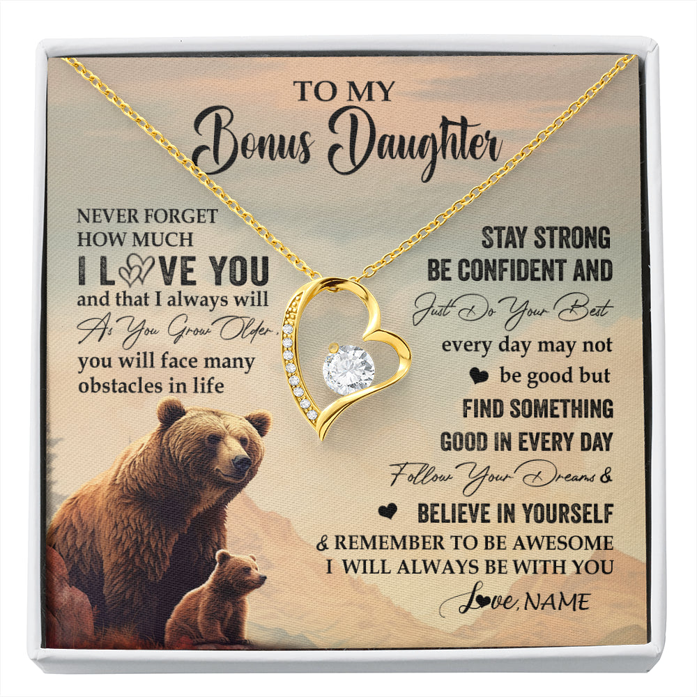 Forever Love Necklace 18K Yellow Gold Finish | 1 | Personalized To My Bonus Daughter I Love You Forever Necklace From Stepdad Mom Bear Stepddaughter Birthday Jewelry Christmas Customized Gift Box Message Card | siriusteestore
