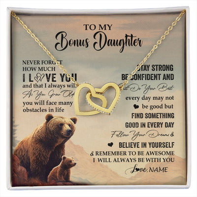 Interlocking Hearts Necklace 18K Yellow Gold Finish | 1 | Personalized To My Bonus Daughter I Love You Forever Necklace From Stepdad Mom Bear Stepddaughter Birthday Jewelry Christmas Customized Gift Box Message Card | siriusteestore