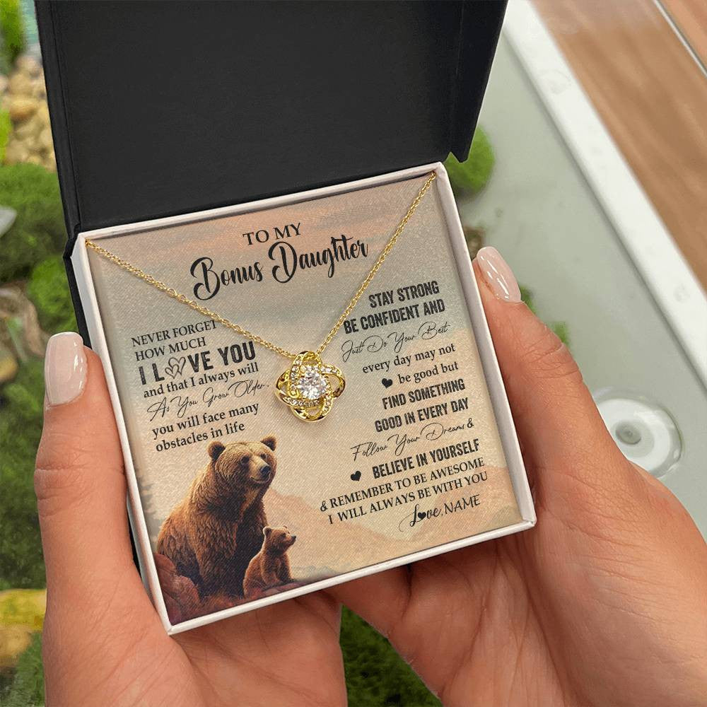 Love Knot Necklace 18K Yellow Gold Finish | 2 | Personalized To My Bonus Daughter I Love You Forever Necklace From Stepdad Mom Bear Stepddaughter Birthday Jewelry Christmas Customized Gift Box Message Card | siriusteestore