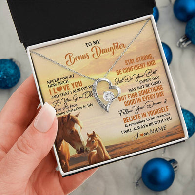 Forever Love Necklace 14K White Gold Finish | 2 | Personalized To My Bonus Daughter I Love You Forever Necklace From Stepmom Dad Horse Stepdaughter Birthday Jewelry Christmas Customized Gift Box Message Card | siriusteestore