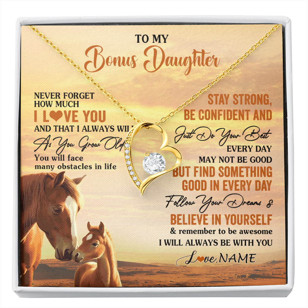 Forever Love Necklace 18K Yellow Gold Finish | 1 | Personalized To My Bonus Daughter I Love You Forever Necklace From Stepmom Dad Horse Stepdaughter Birthday Jewelry Christmas Customized Gift Box Message Card | siriusteestore