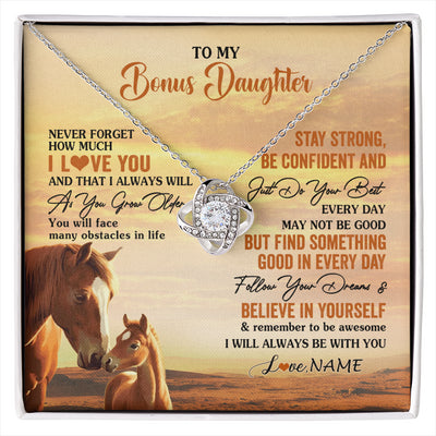 Love Knot Necklace 14K White Gold Finish | 1 | Personalized To My Bonus Daughter I Love You Forever Necklace From Stepmom Dad Horse Stepdaughter Birthday Jewelry Christmas Customized Gift Box Message Card | siriusteestore