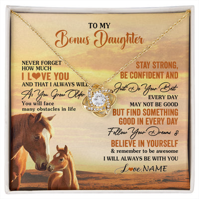 Love Knot Necklace 18K Yellow Gold Finish | 1 | Personalized To My Bonus Daughter I Love You Forever Necklace From Stepmom Dad Horse Stepdaughter Birthday Jewelry Christmas Customized Gift Box Message Card | siriusteestore