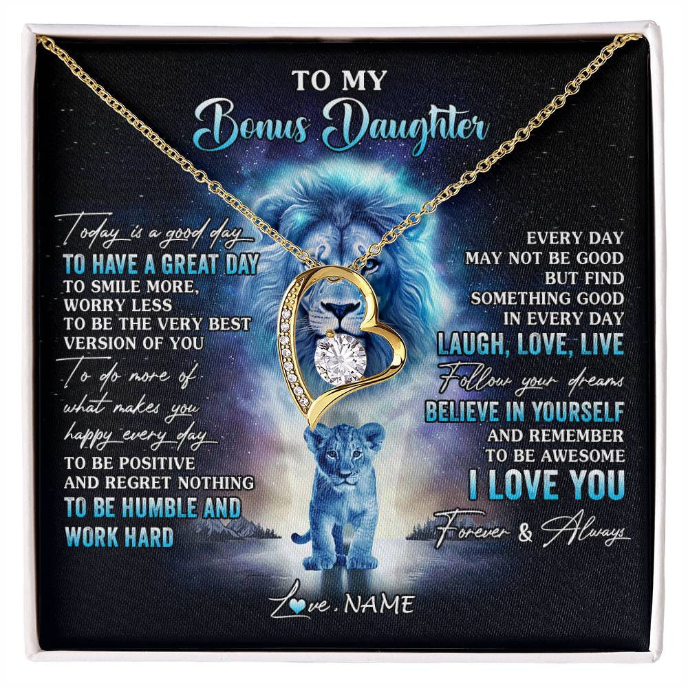 Forever Love Necklace 18K Yellow Gold Finish | 1 | Personalized To My Bonus Daughter Lion Necklace From Stepdad Every Day Laugh Love Live Stepdaughter Birthday Christmas Customized Gift Box Message Card | siriusteestore