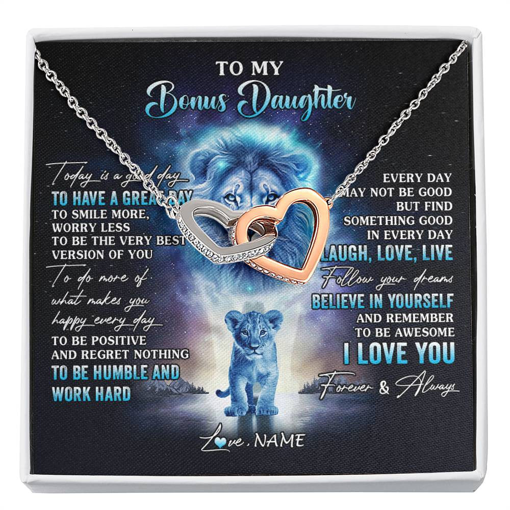 Interlocking Hearts Necklace Stainless Steel & Rose Gold Finish | 1 | Personalized To My Bonus Daughter Lion Necklace From Stepdad Every Day Laugh Love Live Stepdaughter Birthday Christmas Customized Gift Box Message Card | siriusteestore
