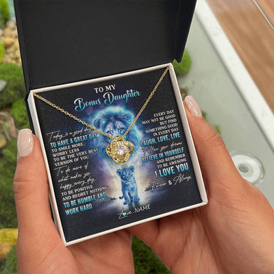 Love Knot Necklace 18K Yellow Gold Finish | 2 | Personalized To My Bonus Daughter Lion Necklace From Stepdad Every Day Laugh Love Live Stepdaughter Birthday Christmas Customized Gift Box Message Card | siriusteestore