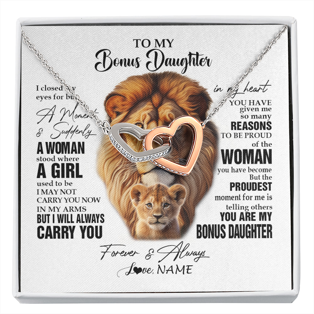 Interlocking Hearts Necklace Stainless Steel & Rose Gold Finish | 1 | Personalized To My Bonus Daughter Lion Necklace From Stepdad I Closed My Eyes Great Stepdaughter Birthday Gifts Christmas Customized Gift Box Message Card | siriusteestore