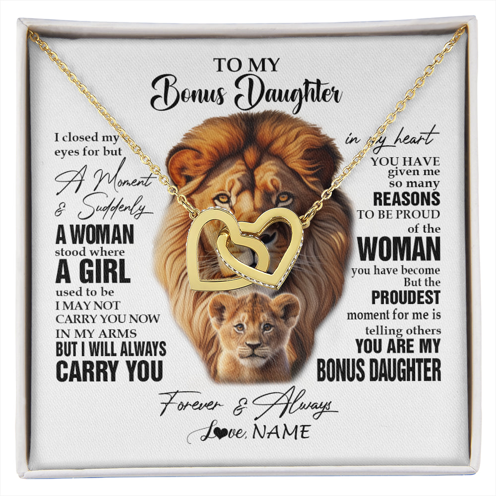 Interlocking Hearts Necklace 18K Yellow Gold Finish | 1 | Personalized To My Bonus Daughter Lion Necklace From Stepdad I Closed My Eyes Great Stepdaughter Birthday Gifts Christmas Customized Gift Box Message Card | siriusteestore
