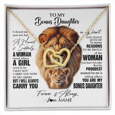 Interlocking Hearts Necklace 18K Yellow Gold Finish | 1 | Personalized To My Bonus Daughter Lion Necklace From Stepdad I Closed My Eyes Great Stepdaughter Birthday Gifts Christmas Customized Gift Box Message Card | siriusteestore
