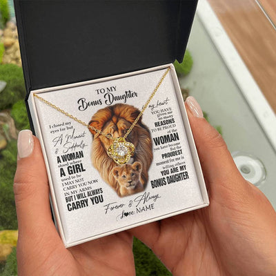 Love Knot Necklace 18K Yellow Gold Finish | 2 | Personalized To My Bonus Daughter Lion Necklace From Stepdad I Closed My Eyes Great Stepdaughter Birthday Gifts Christmas Customized Gift Box Message Card | siriusteestore