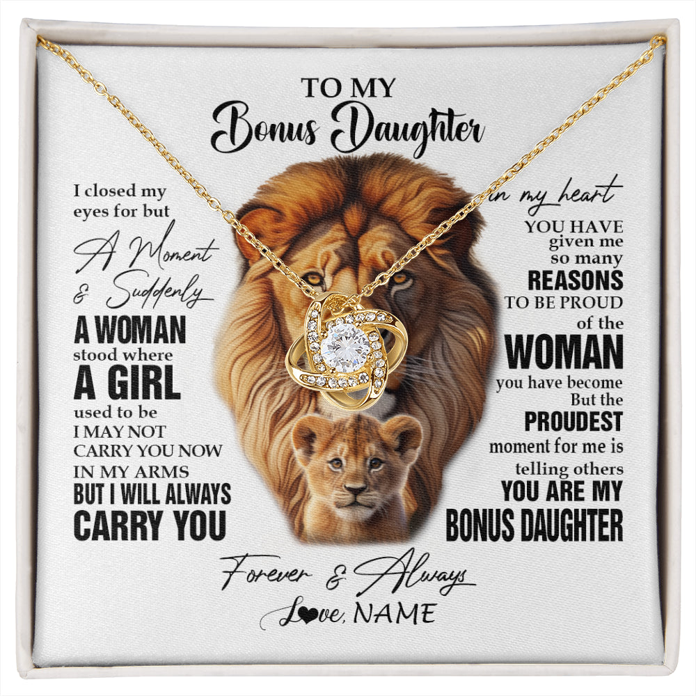 Love Knot Necklace 18K Yellow Gold Finish | 1 | Personalized To My Bonus Daughter Lion Necklace From Stepdad I Closed My Eyes Great Stepdaughter Birthday Gifts Christmas Customized Gift Box Message Card | siriusteestore