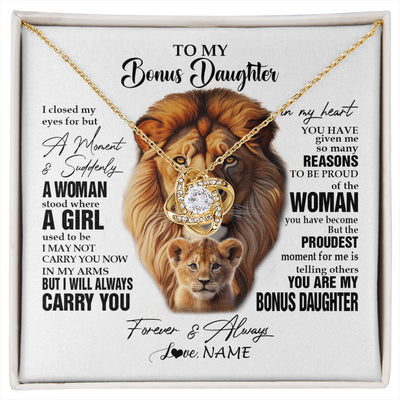 Love Knot Necklace 18K Yellow Gold Finish | 1 | Personalized To My Bonus Daughter Lion Necklace From Stepdad I Closed My Eyes Great Stepdaughter Birthday Gifts Christmas Customized Gift Box Message Card | siriusteestore