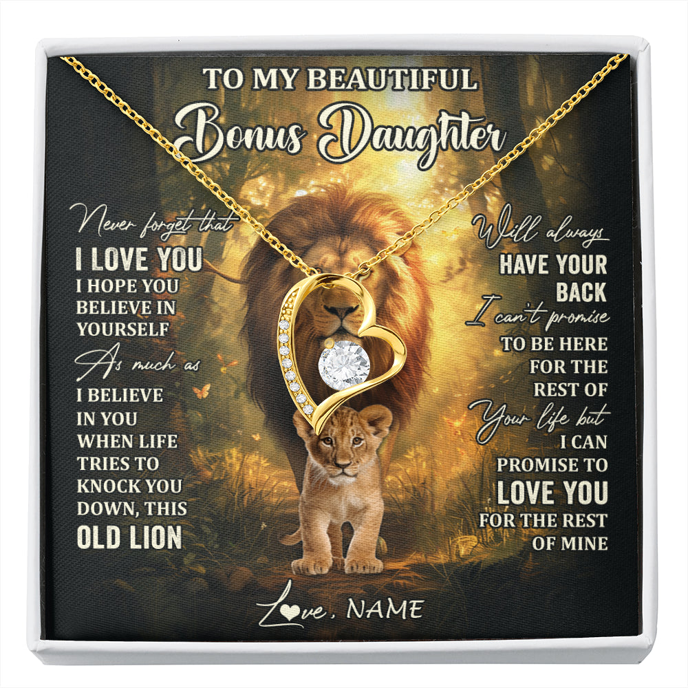 Forever Love Necklace 18K Yellow Gold Finish | 1 | Personalized To My Bonus Daughter Lion Necklace From Stepdad Never Forget That I Love You Stepdaughter Birthday Christmas Customized Gift Box Message Card | siriusteestore