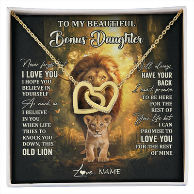 Interlocking Hearts Necklace 18K Yellow Gold Finish | 1 | Personalized To My Bonus Daughter Lion Necklace From Stepdad Never Forget That I Love You Stepdaughter Birthday Christmas Customized Gift Box Message Card | siriusteestore