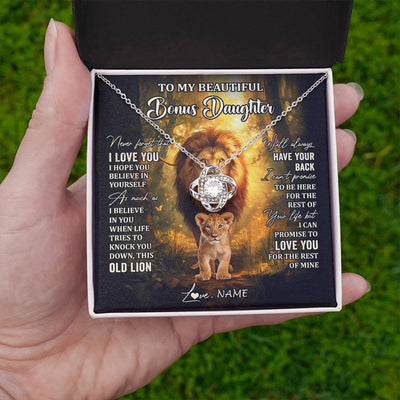 Love Knot Necklace 14K White Gold Finish | 2 | Personalized To My Bonus Daughter Lion Necklace From Stepdad Never Forget That I Love You Stepdaughter Birthday Christmas Customized Gift Box Message Card | siriusteestore
