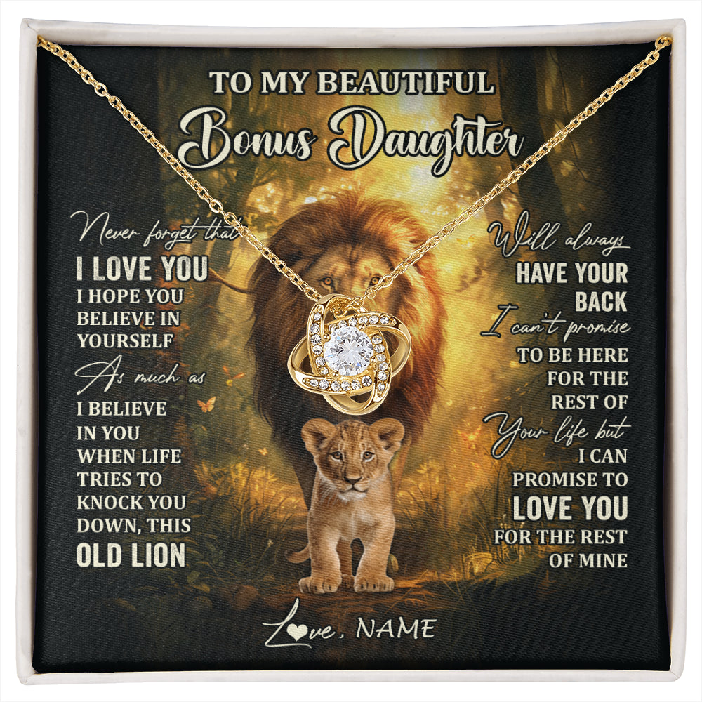 Love Knot Necklace 18K Yellow Gold Finish | 1 | Personalized To My Bonus Daughter Lion Necklace From Stepdad Never Forget That I Love You Stepdaughter Birthday Christmas Customized Gift Box Message Card | siriusteestore