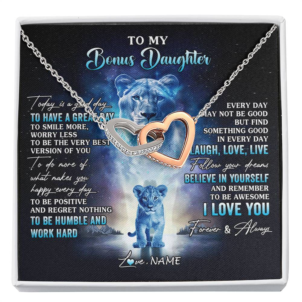 Interlocking Hearts Necklace Stainless Steel & Rose Gold Finish | 1 | Personalized To My Bonus Daughter Lion Necklace From Stepmom Every Day Laugh Love Live Stepdaughter Birthday Christmas Customized Gift Box Message Card | siriusteestore
