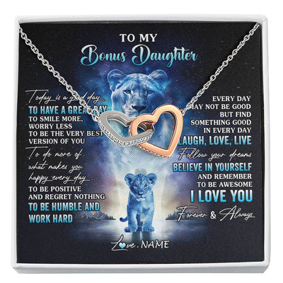 Interlocking Hearts Necklace Stainless Steel & Rose Gold Finish | 1 | Personalized To My Bonus Daughter Lion Necklace From Stepmom Every Day Laugh Love Live Stepdaughter Birthday Christmas Customized Gift Box Message Card | siriusteestore