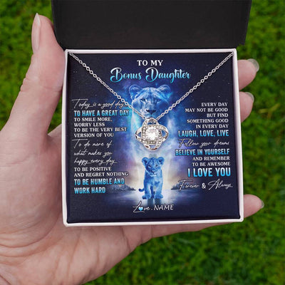 Love Knot Necklace 14K White Gold Finish | 2 | Personalized To My Bonus Daughter Lion Necklace From Stepmom Every Day Laugh Love Live Stepdaughter Birthday Christmas Customized Gift Box Message Card | siriusteestore