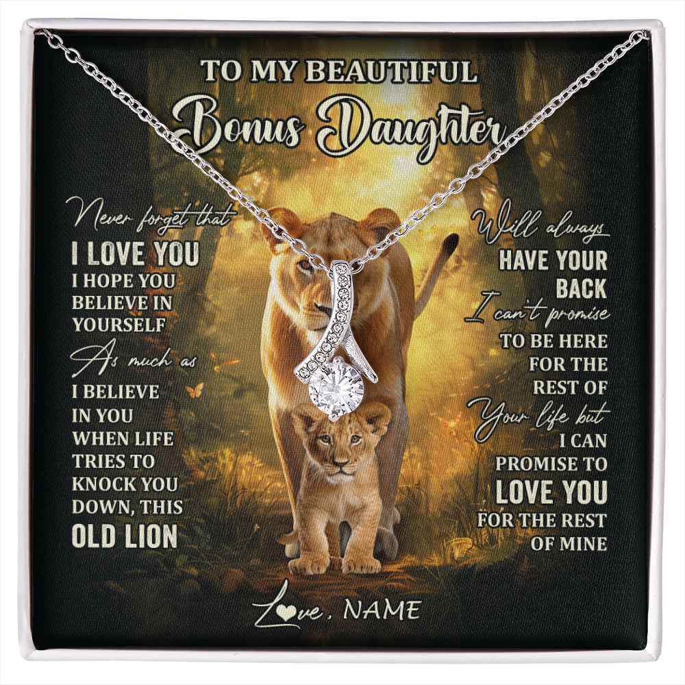 Alluring Beauty Necklace 14K White Gold Finish | 1 | Personalized To My Bonus Daughter Lion Necklace From Stepmom Never Forget That I Love You Stepdaughter Birthday Christmas Customized Gift Box Message Card | siriusteestore