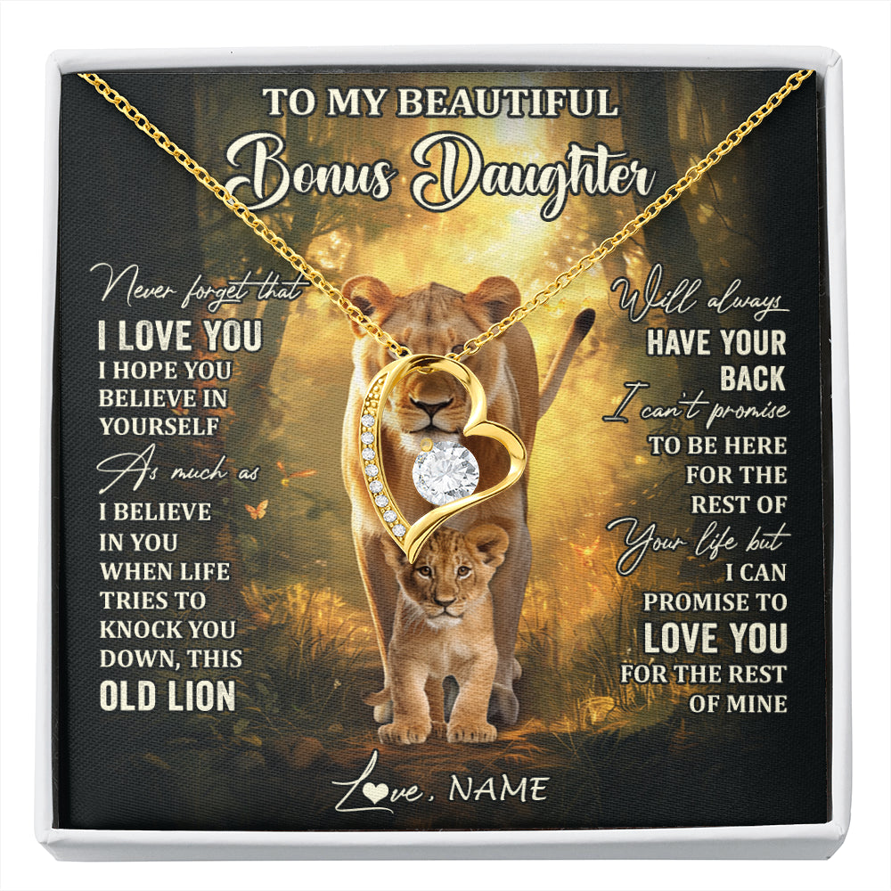 Forever Love Necklace 18K Yellow Gold Finish | 1 | Personalized To My Bonus Daughter Lion Necklace From Stepmom Never Forget That I Love You Stepdaughter Birthday Christmas Customized Gift Box Message Card | siriusteestore