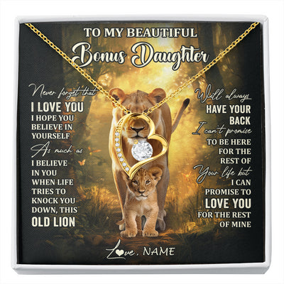 Forever Love Necklace 18K Yellow Gold Finish | 1 | Personalized To My Bonus Daughter Lion Necklace From Stepmom Never Forget That I Love You Stepdaughter Birthday Christmas Customized Gift Box Message Card | siriusteestore