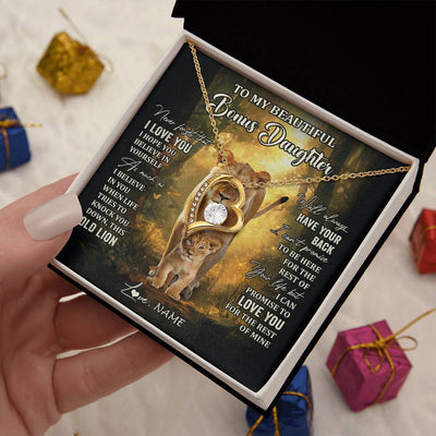 Forever Love Necklace 18K Yellow Gold Finish | 2 | Personalized To My Bonus Daughter Lion Necklace From Stepmom Never Forget That I Love You Stepdaughter Birthday Christmas Customized Gift Box Message Card | siriusteestore