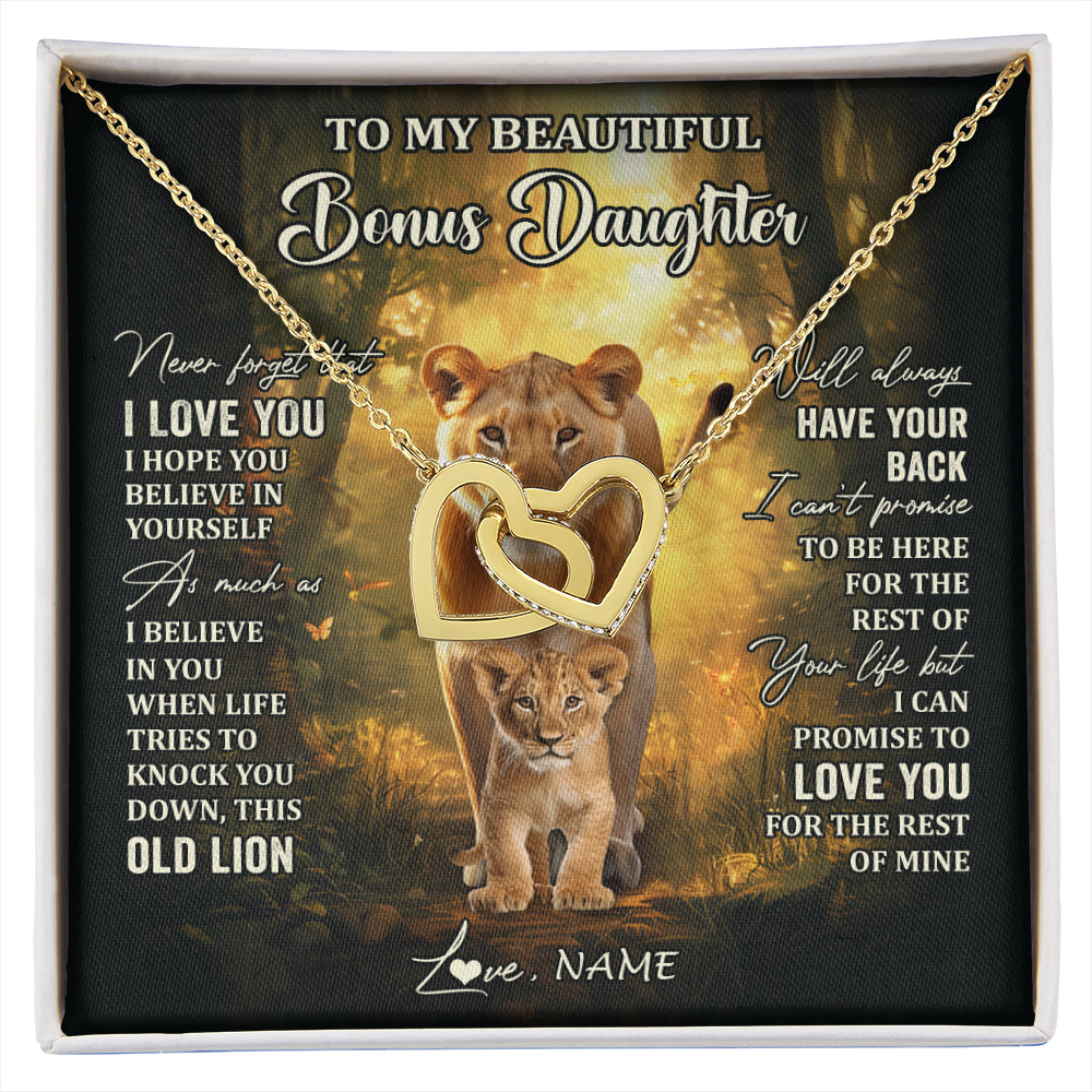 Interlocking Hearts Necklace 18K Yellow Gold Finish | 1 | Personalized To My Bonus Daughter Lion Necklace From Stepmom Never Forget That I Love You Stepdaughter Birthday Christmas Customized Gift Box Message Card | siriusteestore