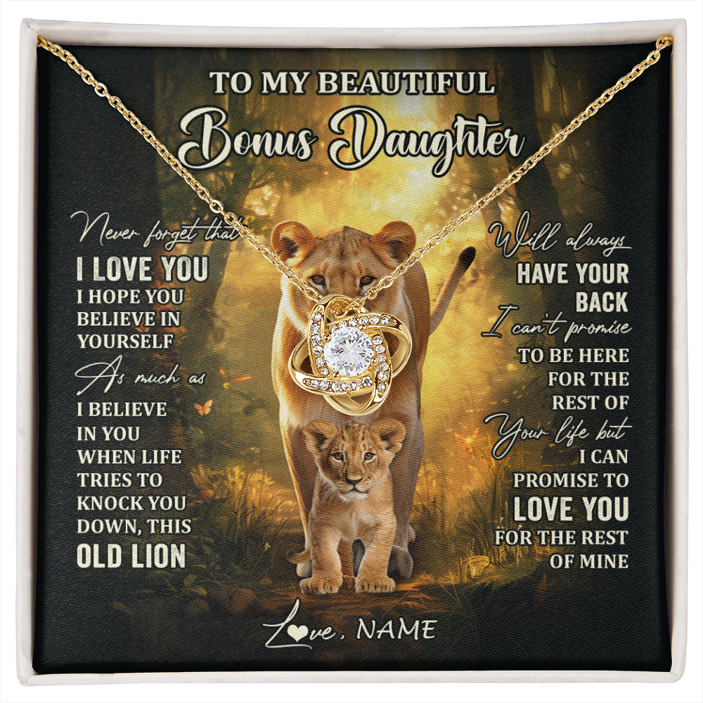 Love Knot Necklace 18K Yellow Gold Finish | 1 | Personalized To My Bonus Daughter Lion Necklace From Stepmom Never Forget That I Love You Stepdaughter Birthday Christmas Customized Gift Box Message Card | siriusteestore