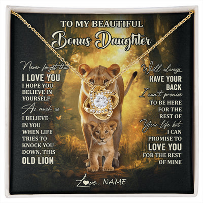 Love Knot Necklace 18K Yellow Gold Finish | 1 | Personalized To My Bonus Daughter Lion Necklace From Stepmom Never Forget That I Love You Stepdaughter Birthday Christmas Customized Gift Box Message Card | siriusteestore