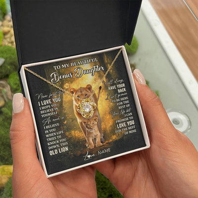 Love Knot Necklace 18K Yellow Gold Finish | 2 | Personalized To My Bonus Daughter Lion Necklace From Stepmom Never Forget That I Love You Stepdaughter Birthday Christmas Customized Gift Box Message Card | siriusteestore
