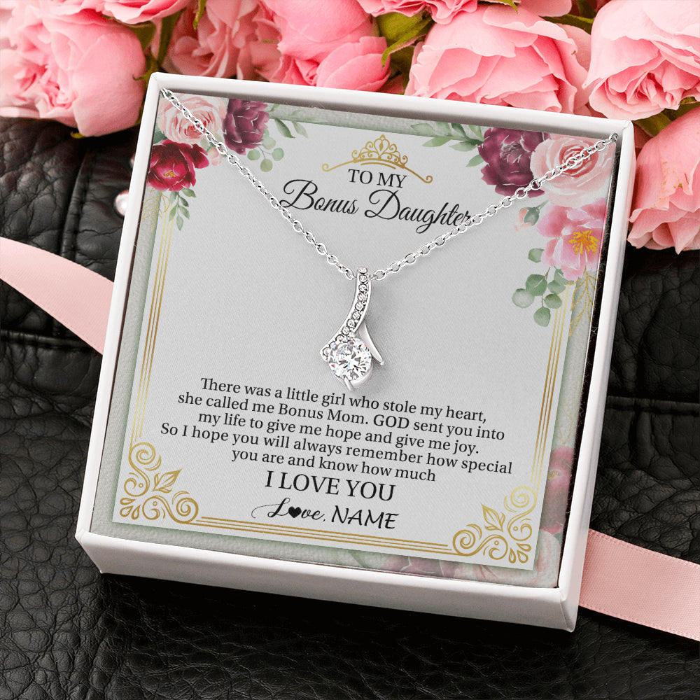 Alluring Beauty Necklace 14K White Gold Finish | 2 | Personalized To My Bonus Daughter Necklace From Bonus Mom There Was A Little Girl Stepddaughter Birthday Jewelry Christmas Customized Gift Box Message Card | siriusteestore