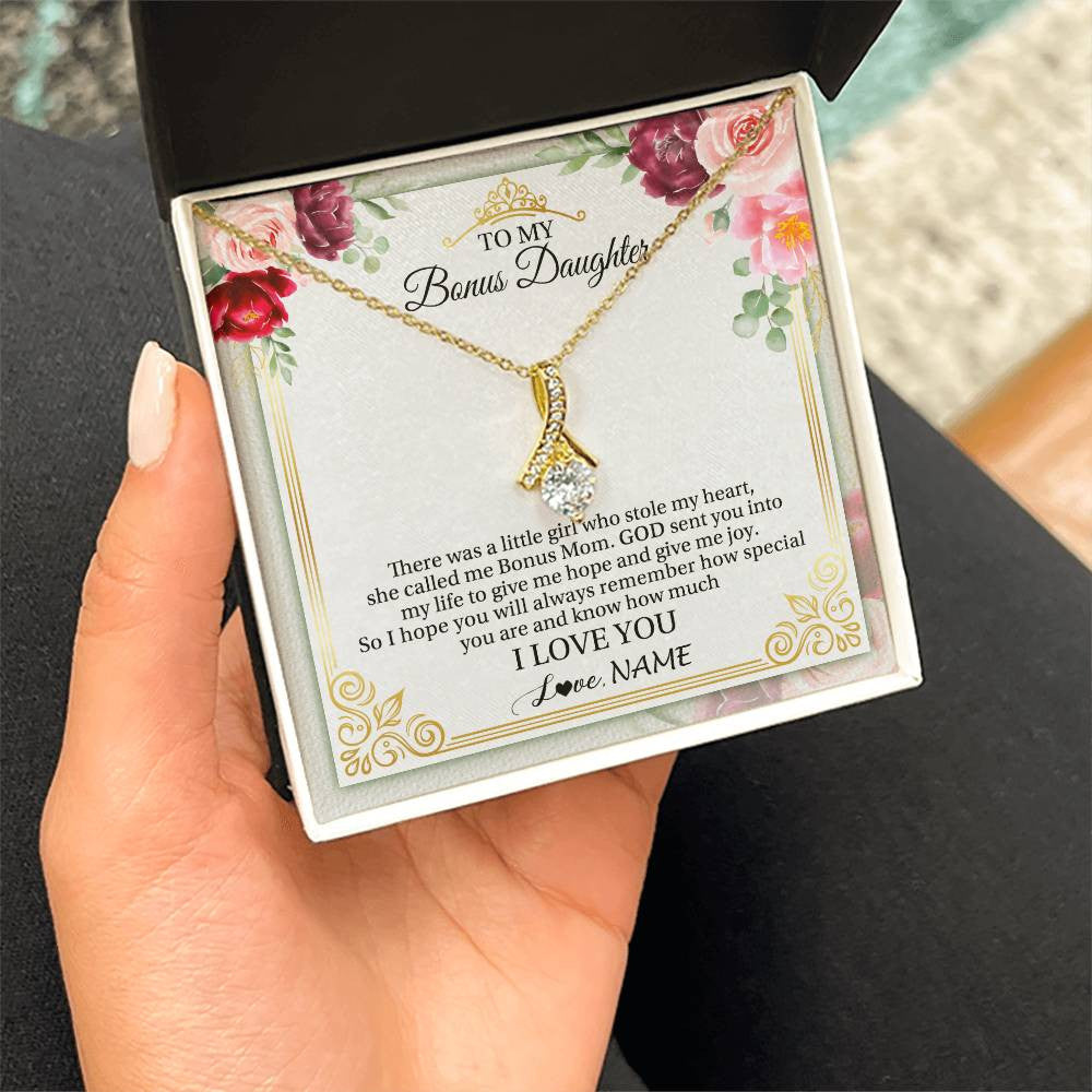Alluring Beauty Necklace 18K Yellow Gold Finish | 2 | Personalized To My Bonus Daughter Necklace From Bonus Mom There Was A Little Girl Stepddaughter Birthday Jewelry Christmas Customized Gift Box Message Card | siriusteestore