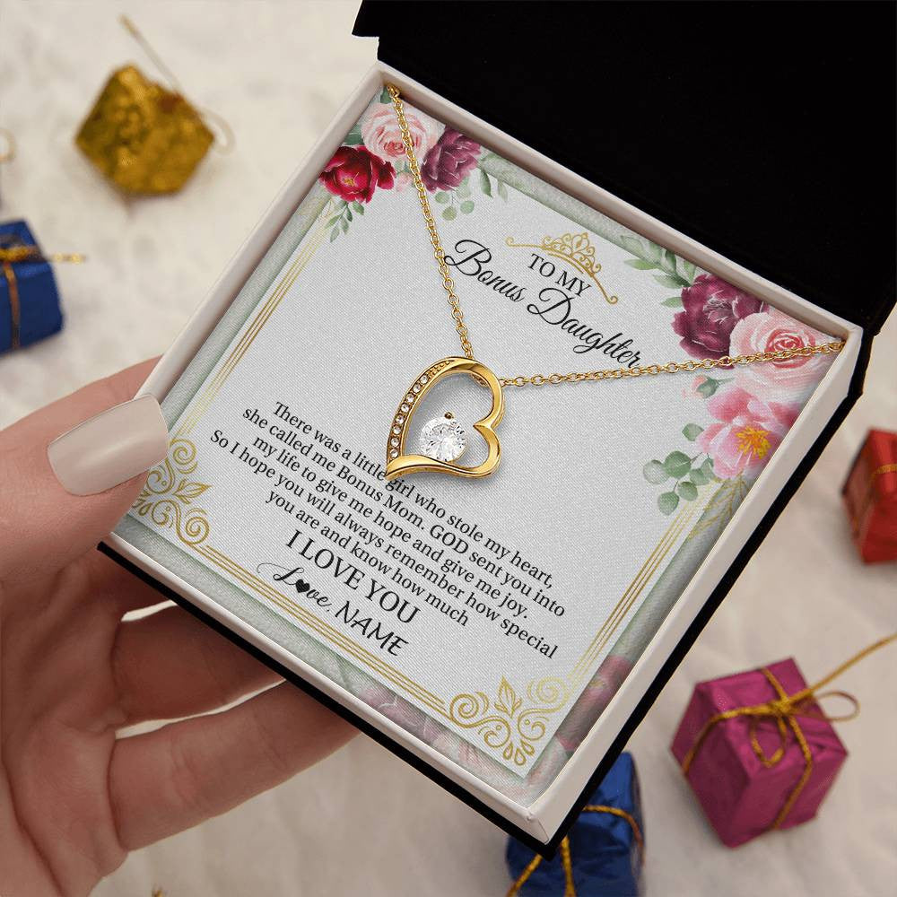 Forever Love Necklace 18K Yellow Gold Finish | 2 | Personalized To My Bonus Daughter Necklace From Bonus Mom There Was A Little Girl Stepddaughter Birthday Jewelry Christmas Customized Gift Box Message Card | siriusteestore