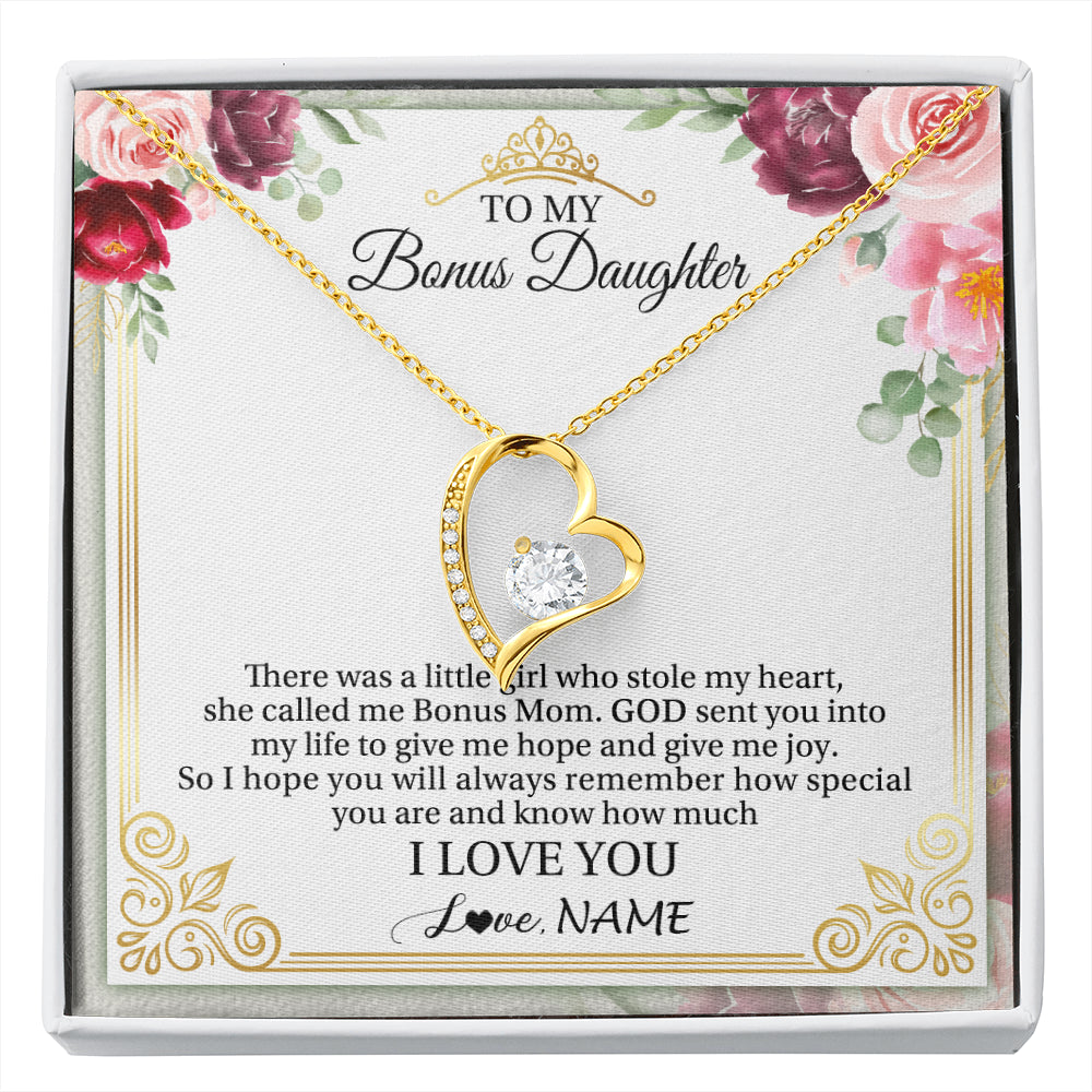 Forever Love Necklace 18K Yellow Gold Finish | 1 | Personalized To My Bonus Daughter Necklace From Bonus Mom There Was A Little Girl Stepddaughter Birthday Jewelry Christmas Customized Gift Box Message Card | siriusteestore