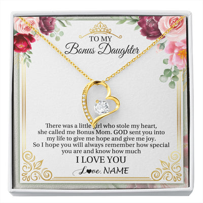 Forever Love Necklace 18K Yellow Gold Finish | 1 | Personalized To My Bonus Daughter Necklace From Bonus Mom There Was A Little Girl Stepddaughter Birthday Jewelry Christmas Customized Gift Box Message Card | siriusteestore