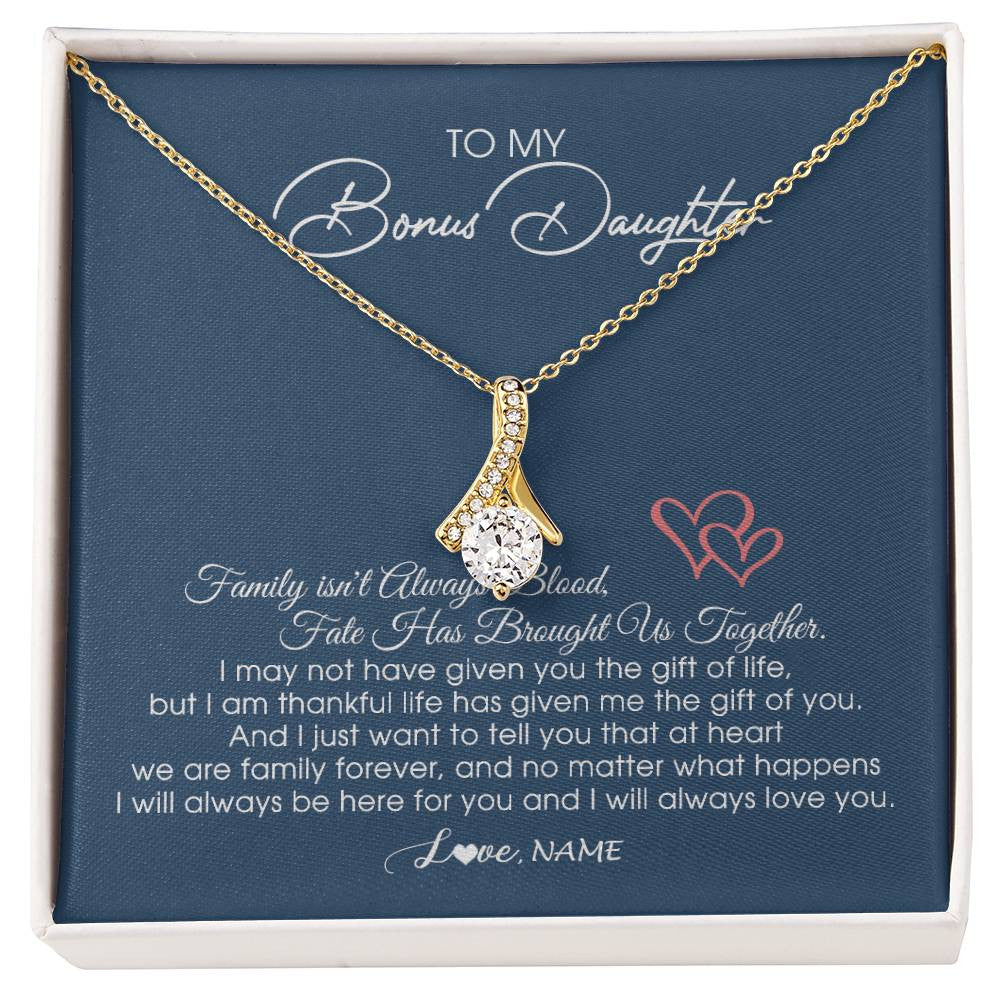 Alluring Beauty Necklace 18K Yellow Gold Finish | Personalized To My Bonus Daughter Necklace From Mom Dad We Are Family Forever Jewelry Step Daughter Pendant Birthday Christmas Customized Gift Box Message Card | siriusteestore