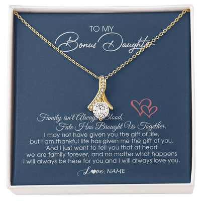 Alluring Beauty Necklace 18K Yellow Gold Finish | Personalized To My Bonus Daughter Necklace From Mom Dad We Are Family Forever Jewelry Step Daughter Pendant Birthday Christmas Customized Gift Box Message Card | siriusteestore
