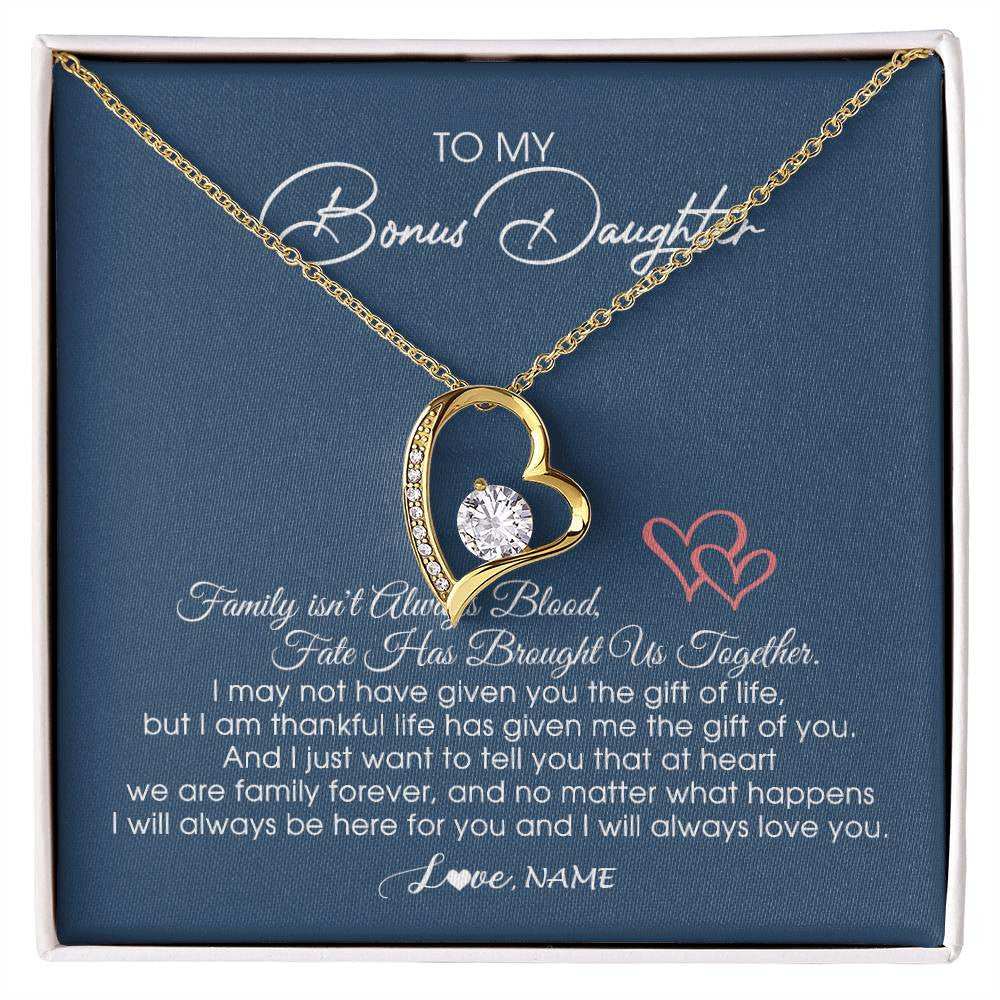 Forever Love Necklace 18K Yellow Gold Finish | Personalized To My Bonus Daughter Necklace From Mom Dad We Are Family Forever Jewelry Step Daughter Pendant Birthday Christmas Customized Gift Box Message Card | siriusteestore