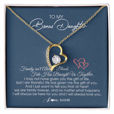 Forever Love Necklace 18K Yellow Gold Finish | Personalized To My Bonus Daughter Necklace From Mom Dad We Are Family Forever Jewelry Step Daughter Pendant Birthday Christmas Customized Gift Box Message Card | siriusteestore
